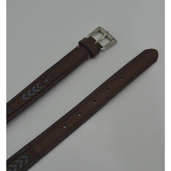 Women's Brown Leather Belt Textile Multicolored Accent Large - Picture 3 of 9